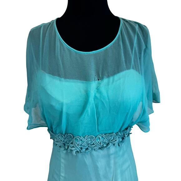 Vintage 1960s turquoise formal dress with floral trim and flutter sleeves. AS IS - Picture 4 of 14